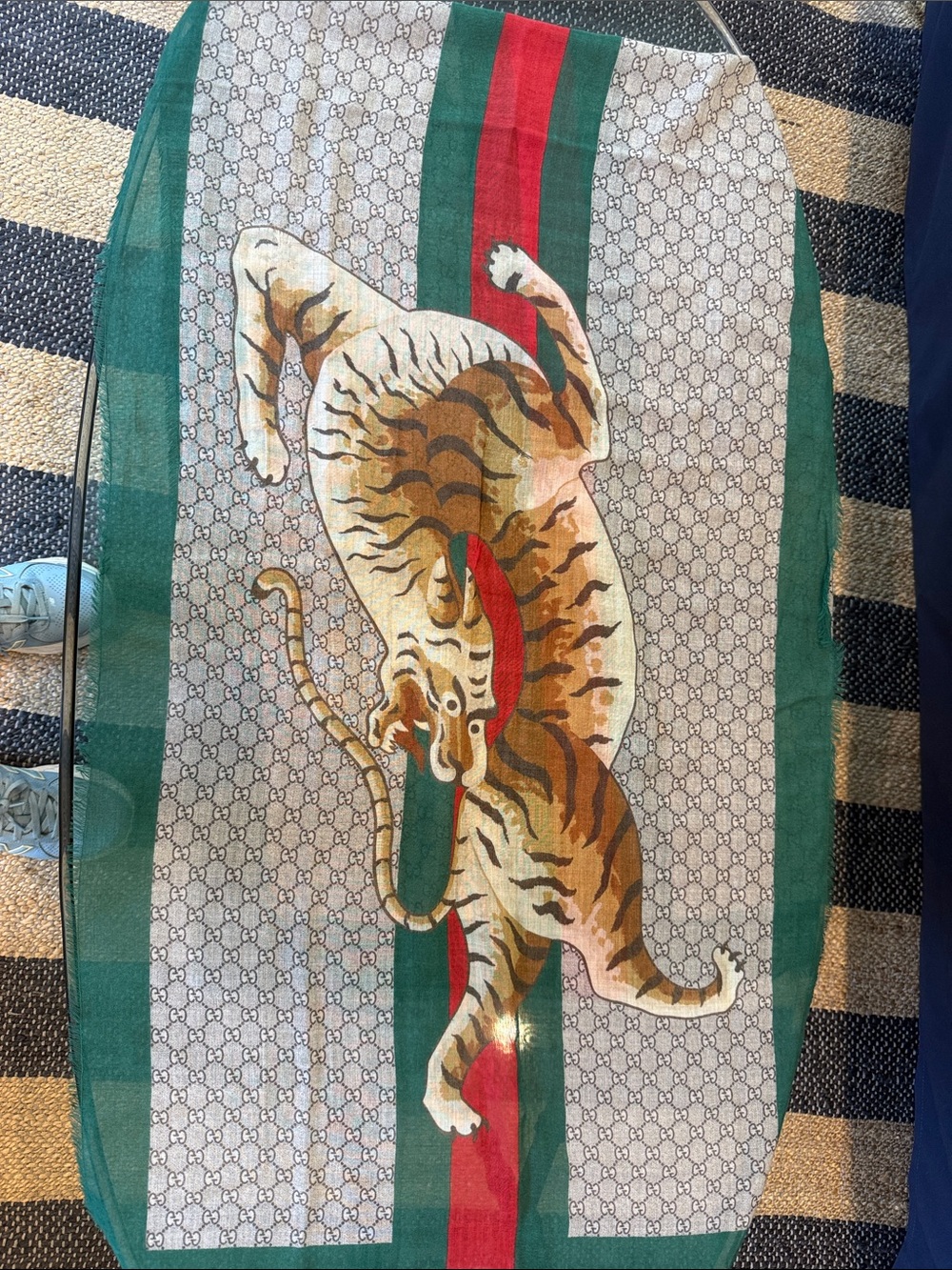 Gucci Beige Monogram Scarf with Tiger and Green-Red Stripe